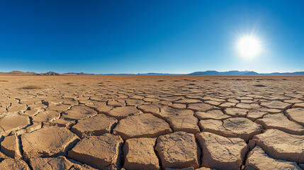 Cracked Desert Ground Under Hot Sun and Blue Sky. Panoramic view of dry, cracked earth in arid desert landscape under intense sunlight.