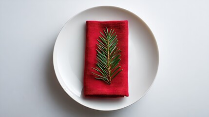 Minimalist holiday table setting with white plate, red napkin, and green pine twig, creating an elegant and festive Christmas dining design