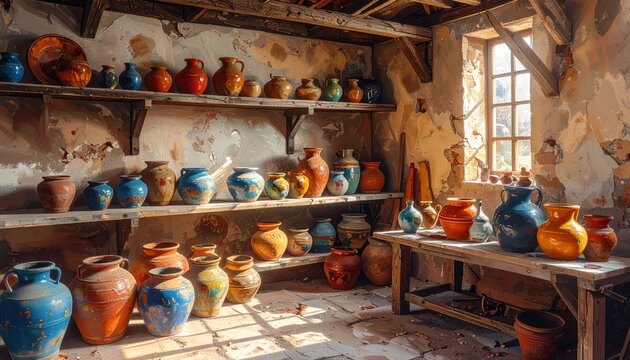 Colorful pottery jars and jugs fill rustic wooden shelves and a worktable in a sunlit old workshop.