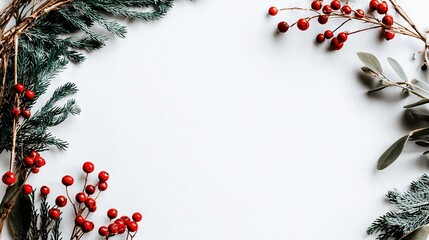 Minimalist Christmas wreath frame with evergreen branches and red berries arranged around edges, leaving blank white center for festive message