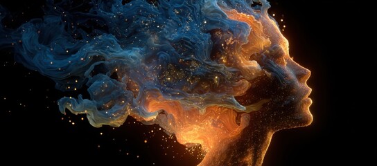 Abstract female profile, vibrant swirling colors and textures, dynamic forms