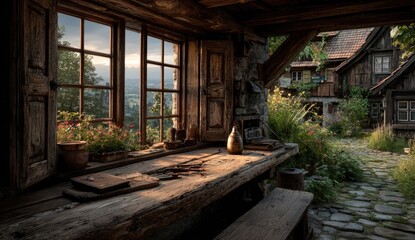 Fototapeta premium Rustic wooden workshop with mountain view