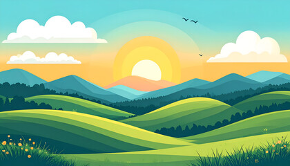 Obraz premium Cartoon landscape with rolling hills sun clouds and birds in the sky.
