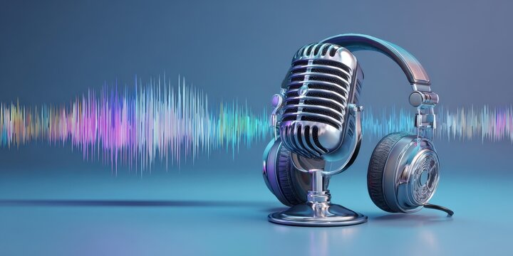The microphone and headphones with colorful soundwaves in a sleek design.