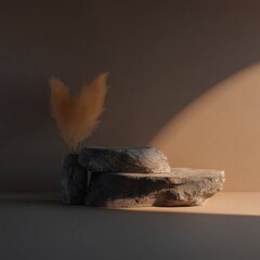 Elegant still life with stacked weathered stones, tall vase holding golden brown feathers, warm gradient shadow,