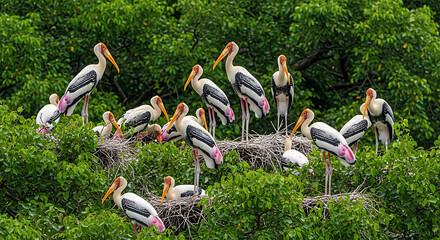Flock of painted storks nesting in lush green trees © MDJabalenour