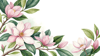 Fototapeta premium Elegant Watercolor Frame Border of Blooming Peonies in Pink and White with Green Leaves for Vibrant Floral Design
