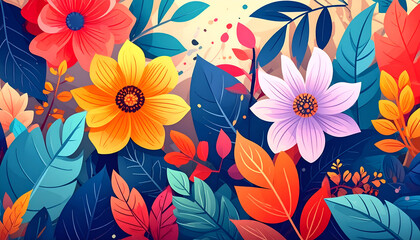Colorful flowers and leaves create a vibrant and abstract floral background.