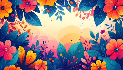 Colorful flowers and leaves frame a bright center in a stylized illustration.