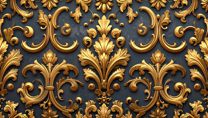 Ornate golden floral pattern on a dark textured background intricate and decorative.