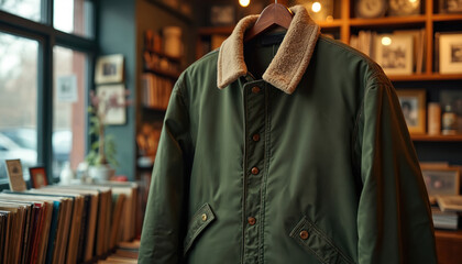 Fototapeta premium Olive green jacket with sherpa collar displayed in vintage shop. Features button front, two flap pockets, sturdy fabric. Classic retro style for men or women, perfect for cool weather.