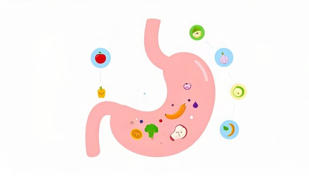 Illustration of a human stomach digesting various fruits and vegetables for healthy digestion and nutrient absorption