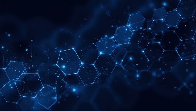 Abstract digital network of interconnected hexagons in deep blue