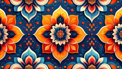 Colorful floral pattern with symmetrical design on a dark background.