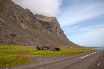 East Iceland, view along road with cliffs