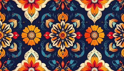 Colorful floral pattern with symmetrical design on a dark blue background.