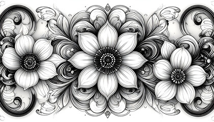 Floral arrangement with three flowers and swirling decorative elements in black and white.