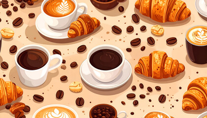 Coffee cups croissants and coffee beans scattered on a light brown background.