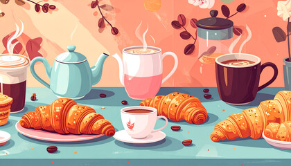 Illustration of coffee croissants and other breakfast items on a table.