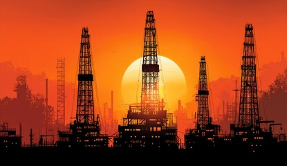 Silhouette of oil rigs at sunset