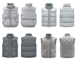 Set of four gray puffer vests in different styles isolated on transparent background warm and stylish outerwear for cold weather and outdoor activities