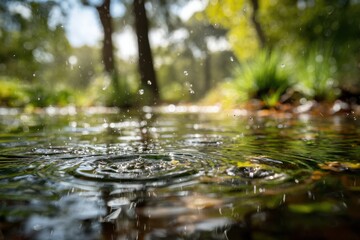Naklejka premium Water droplets impacting a shallow stream, creating ripples. Sunlight filters through trees. Blurred background shows foliage