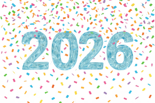 2026 ice numbers celebrating new year with falling confetti on transparent background