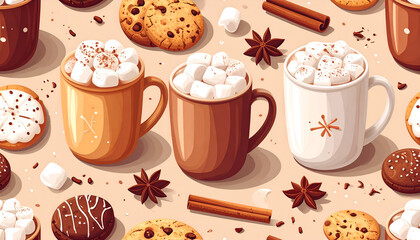 Three mugs of hot chocolate with marshmallows surrounded by cookies and spices.