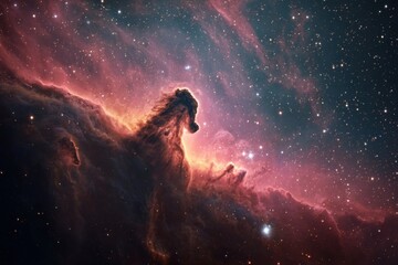 Fototapeta premium Cosmic Horsehead nebula, vibrant hues, star-studded void