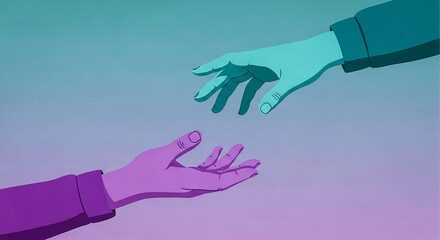 Two hands one in a purple sleeve and the other in a teal sleeve reach out towards each other against a gradient background