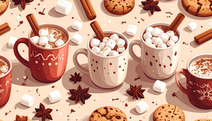 Hot chocolate with marshmallows and cinnamon sticks with cookies and star anise.
