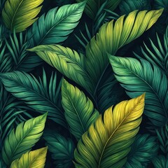 Oil painting illustration of rich tropical palm leaves in vibrant green, yellow hues. Intricate pattern features dense arrangement of varied leaf shapes, creating naturalistic jungle garden feel.