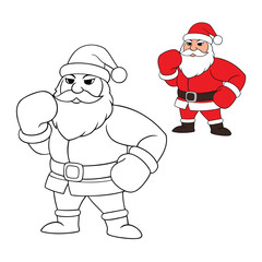 A festive coloring page of Santa Claus wearing bright red boxing gloves, blending holiday cheer with playful strength, perfect for kids to color with joy and creativity.
