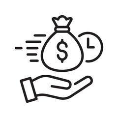Fast payment line icon. Time is money concept with hand, clock, and dollar bag. Vector symbol for quick loan, fast cash transfer, and financial services