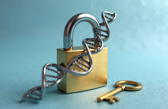 Golden padlock intertwined with DNA strand genetic code protection, privacy in biotech research. Key nearby suggests unlocking genetic data. Focus on molecular science, data safety, identity security.