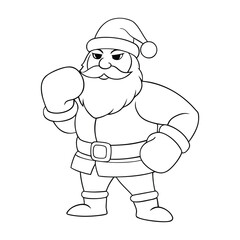 A festive coloring page of Santa Claus wearing bright red boxing gloves, blending holiday cheer with playful strength, perfect for kids to color with joy and creativity.
