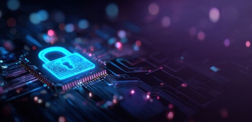 Circuit board with a glowing padlock icon