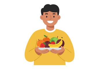 Smiling person happily holding a vibrant bowl brimming with fresh, healthy fruits like strawberries, bananas, and apples for a nutritious lifestyle.