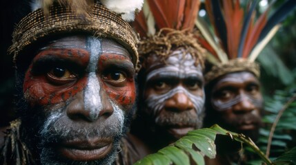 Three men with traditional face paint and headdresses stand closely together in a lush, green forest environment