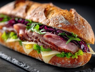 Close-up of a gourmet sandwich on a dark stone plate