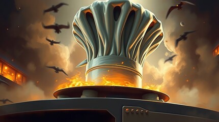 Flaming Chef Hat with Cityscape, and Birds.
