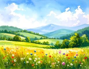 Colorful landscape with wildflowers and mountains
