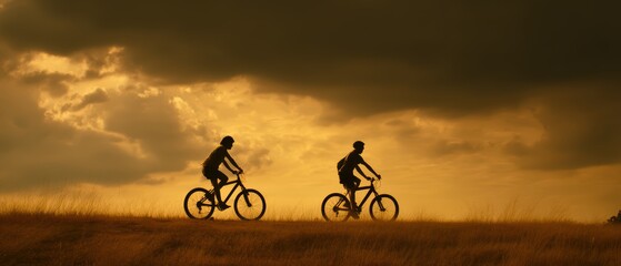 Obraz premium Two people ride bicycles across a grassy field during a dramatic golden sunset with dark clouds above