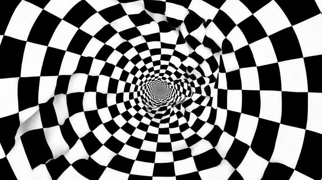 A dynamic, top-down view of a black and white checkered tunnel, creating a hypnotic spiral effect, perfect for a video background or visual illusion. Live desktop wallpaper.