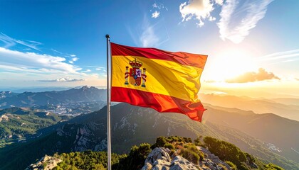 The national flag of Spain flying high over a majestic mountain landscape during a golden sunrise