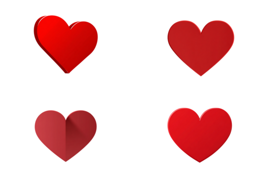 Four red hearts isolated on transparent background, symbolizing love, affection, and passion, perfect for valentines day and romantic themes