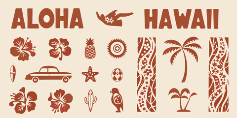 Aloha hawaii tropical paradise collection of icons and symbols with palm trees and hibiscus flowers © Piku