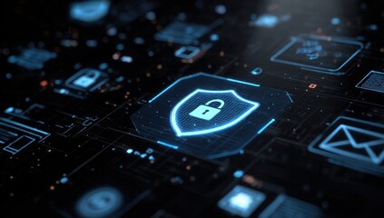 Digital security interface, glowing shield and lock icon.  Network elements overlayed