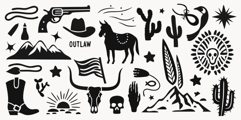 Collection of western cowboy outlaw elements silhouette icons including horse cowboy hat gun skull cactus mountains and boots