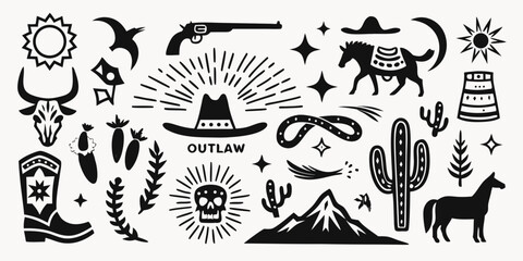 Collection of black and white western cowboy outlaw icons and symbols for design